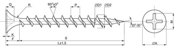 Так выглядит Саморез черный по дереву, фосфат
